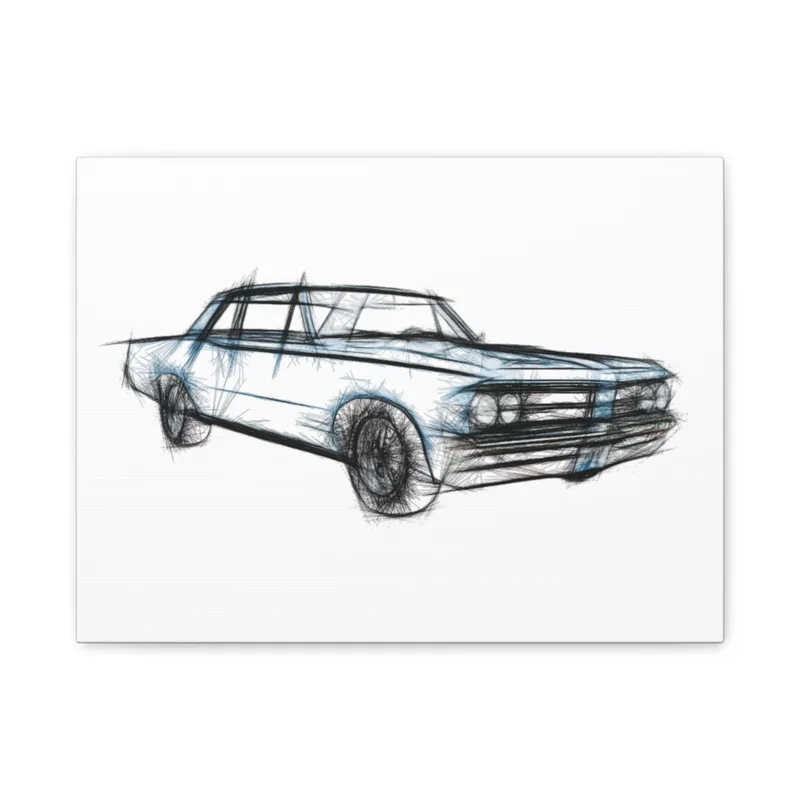 1964 Pontiac GTO Lemans Aqua Canvas, Retro Sketch Wall Art, Vintage Decor